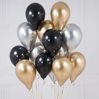 Связка шаров золотых, чёрных и серебренных Октябрь