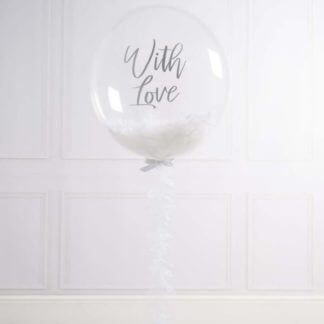 Шар BUBBLE с надписью и белыми перьями