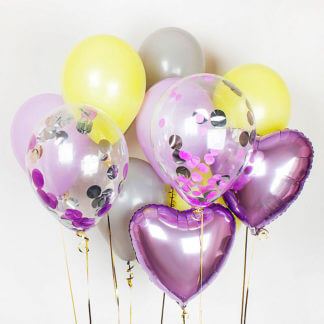 Связка шаров сиреневые с сердцами
