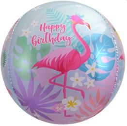 Фольгированная сфера 3D, 61 см, С днём рождения (фламинго)