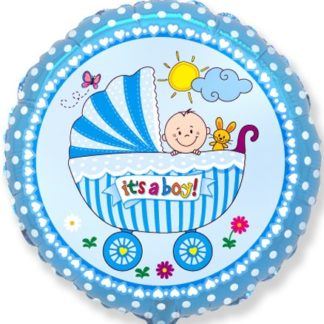 Фольгированный круг 46 см,  Детская коляска для мальчика