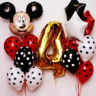 Композиция гелиевых шаров на день рождения с цифрой «Микки»