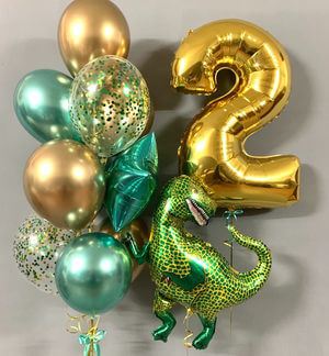 Набор зелено-золотых шаров с динозавром и цифрой 2