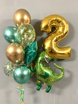 Набор зелено-золотых шаров с динозавром и цифрой 2
