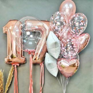 Шары розовое золото с шаром с надписью и цифрами 17