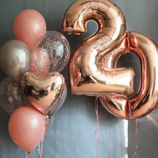 Гелиевые шары розовое золото с сердцем и цифрами 20