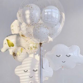 Воздушные шары на выписку белые золотые с слоником