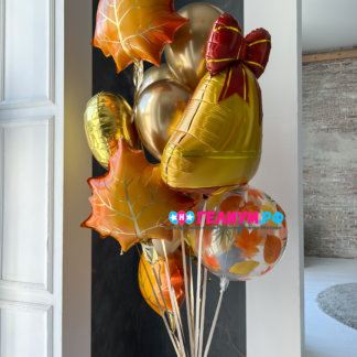 Букет гелиевых шариков с золотым колокольчиком в школу