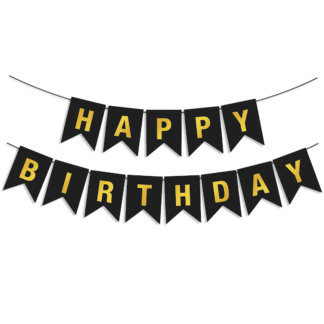 Флажки, Happy Birthday, Черный/Золото