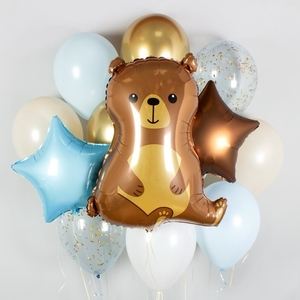 Шары воздушные голубые и белые с медведем