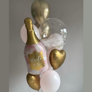 Фонтан шаров розовых и золотых и бутылка шампанского BRIDE TO BE