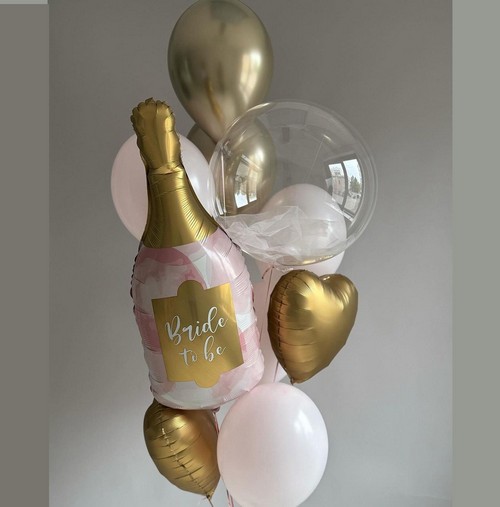Фонтан шаров розовых и золотых и бутылка шампанского BRIDE TO BE