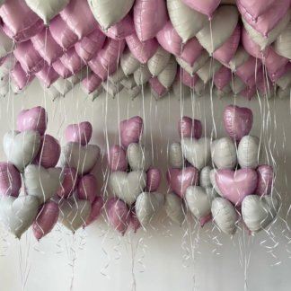 Большой набор шаров сердца розовые и белые